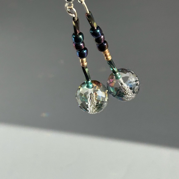 Iridescent Beaded Drop Earrings Handmade - Picture 4 of 8